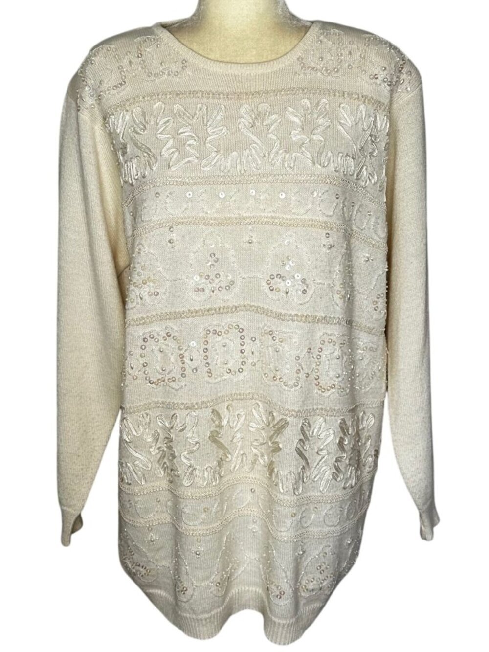 Vintage Alfred Dunner Cream Wool Blend Sequin Beaded Sweater Sz L